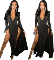 Sexy schwarz Deep-V Seitenschlitze langes Kleid mit vollen Ärmeln