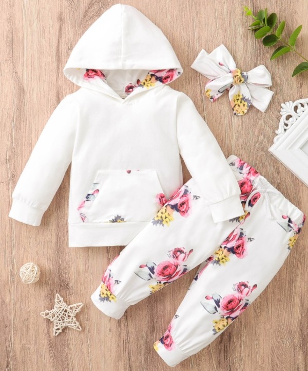 Baby Girl Autumn Floral Hoodie Sweatsuit with Headband