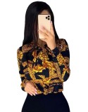 Gold and Black Print Retro Long Sleeve Blouse