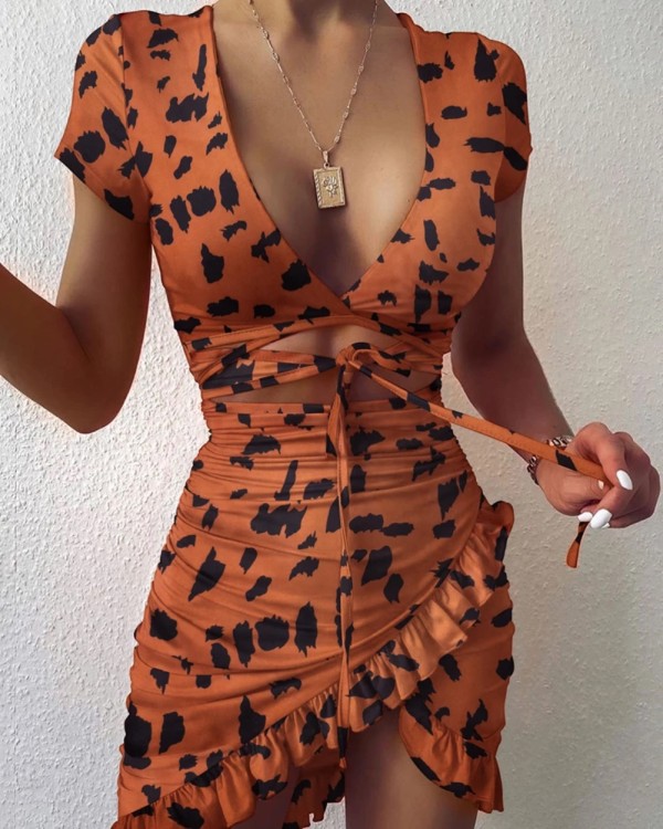 Party Leopard Print Cutout Strings Wrapped Mini Dress