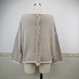 Autumn Blank Round Neck Loose Pullover Sweater with Contrast Trims