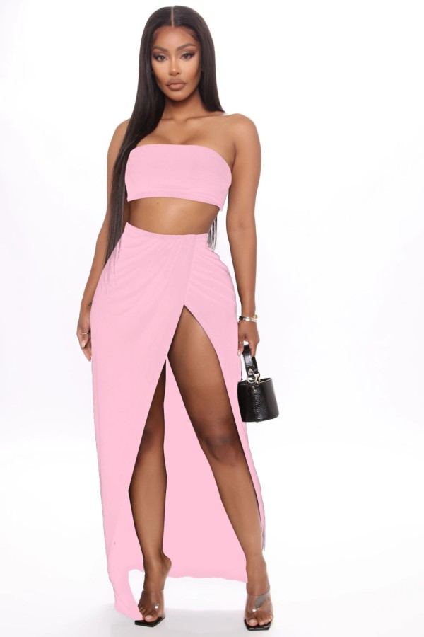 Sexy Solid Color Bandeau Top and Irregular Long Skirt Set