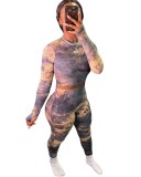 Autumn Tie Dye Matching Sexy Fitted Crop Top and High Waist Pants