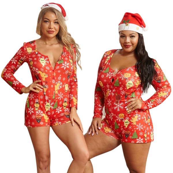 Plus Size Christmas Print Pajama Rompers