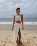 Summer Party White Sexy Cutout Slit Halter Long Dress