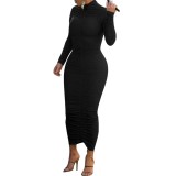 Autumn Solid Colot Turtleneck Ruched Midi Dress
