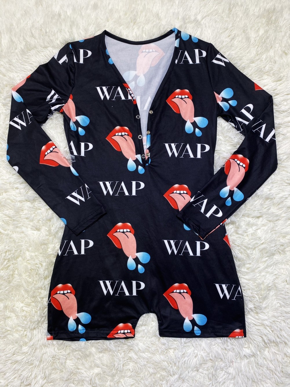 Wholesale Autumn Print VNeck Fitted Pajama Rompers Global Lover