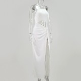 Summer Party White Sexy Cutout Slit Halter Long Dress
