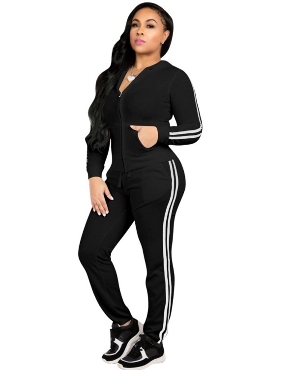 Autumn Striped Zip Up Hoodie Tracksuit