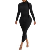 Autumn Solid Colot Turtleneck Ruched Midi Dress