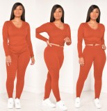 Autumn Casual Solid Color Matching V-Neck Shirt and Pants Set