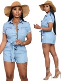 Short Sleeve Light Blue Button Up Casual Rompers
