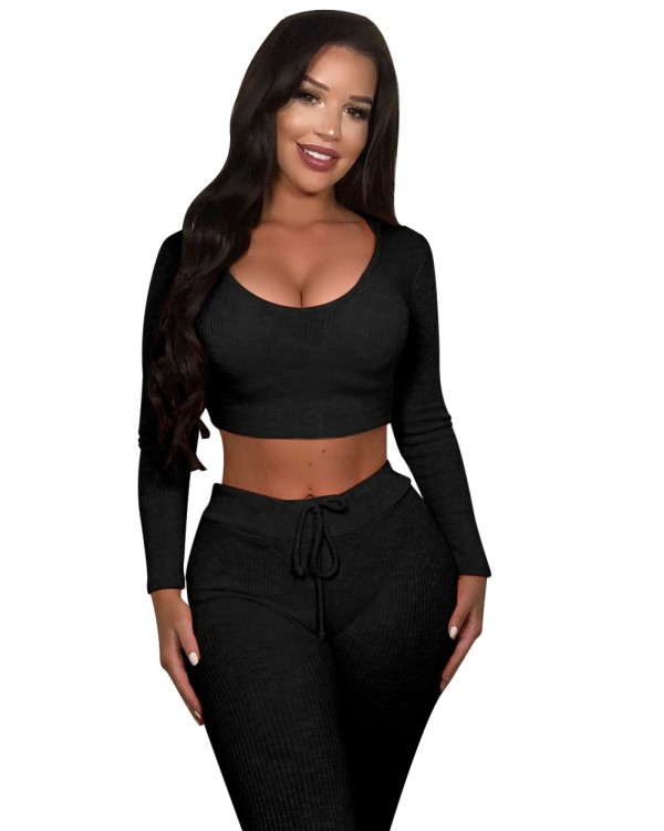 Autumn Solid Plain Sports Fitness Crop Top and Pants Set