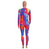 Autumn Matching Tie Dye V-Neck Shirt and Pants Set with Face Cover