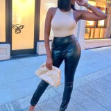 Black Sexy PU Leather High Waist Slit Pants