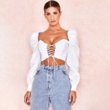 Autumn Vintage Lace Up Puff Sleeves Crop Top