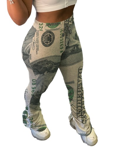 Pantalones apilados con aberturas laterales y cintura alta con estampado de dólar africano