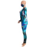 Autumn Matching Tie Dye V-Neck Shirt and Pants Set with Face Cover