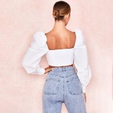 Autumn Vintage Lace Up Puff Sleeves Crop Top