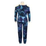 Plus Size Autumn Casual Tie Dye Off the Shoulder Long Sleeve Shirt and Pants Set