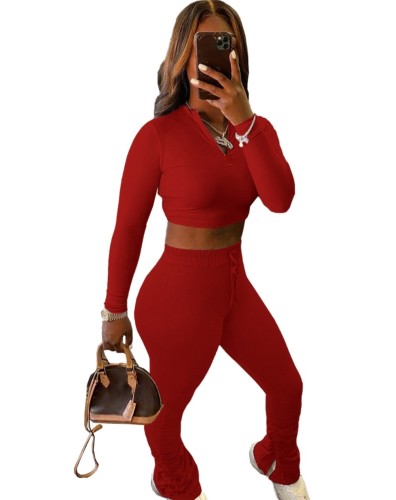 Autumn Solid Color Matching Crop Top und Stack Pants Set