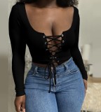 Autumn Lace Up Sexy Long Sleeve Crop Top