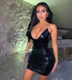 Black Leather Sexy Straps Ruched Mini Club Dress