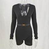 Sexy Black Fitness V-Neck Long Sleeve Bodycon Rompers with Belt