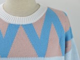 Autumn Wavy Print Contrast Pullover Round Neck Sweater