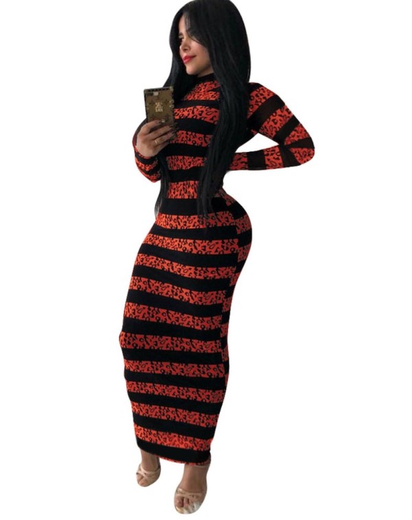 Autumn Stripes Print Long Curvy Dress with Full Sleeves