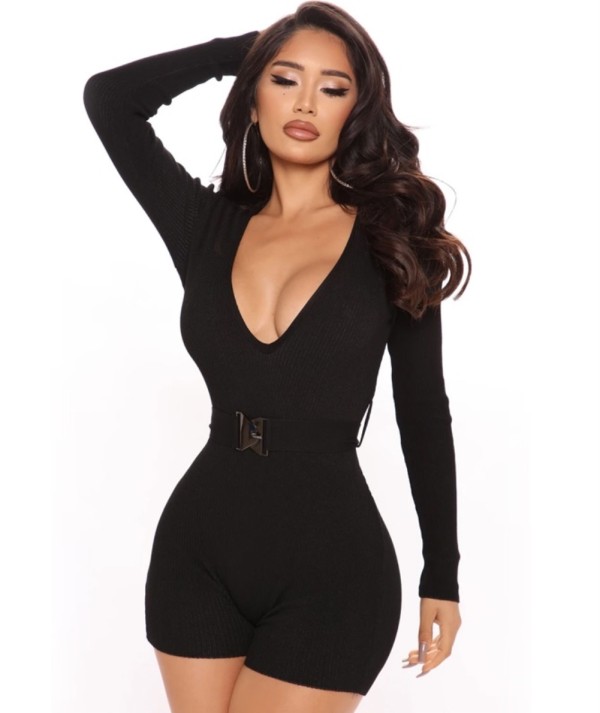 Sexy Black Fitness V-Neck Long Sleeve Bodycon Rompers with Belt