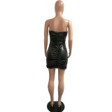 Black Leather Sexy Straps Ruched Mini Club Dress