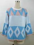 Autumn Wavy Print Contrast Pullover Round Neck Sweater