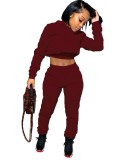 Autumn Solid Color Hoodie Crop Top and Lace Up Track Pants Set