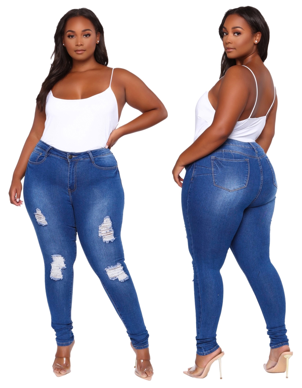 Wholesale Plus Size High Waist Washed Dnim Blue Ripped Tight Jeans ...