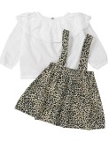 Kids Girl Autumn White Hollow Out Shirt and Leopard Suspender Skirt Set