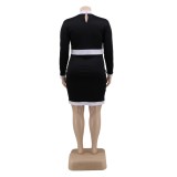 Plus Size Autumn White and Black Long Sleeve Bodycon Dress