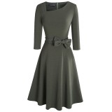 Autumn Solid Plain Tied Vintage Skater Dress with 3/4 Sleeves