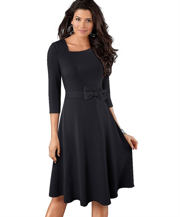 Autumn Solid Plain Tied Vintage Skater Dress with 3/4 Sleeves