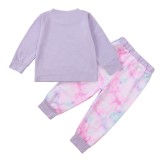 Kids Girl Autumn Print Purple Shirt and Tie Dye Pants Set