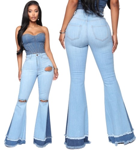 Stijlvolle patchwork flare jeans met hoge taille