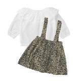 Kids Girl Autumn White Hollow Out Shirt and Leopard Suspender Skirt Set