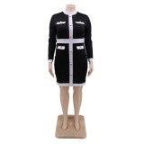 Plus Size Autumn White and Black Long Sleeve Bodycon Dress