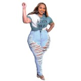 Plus Size Spring High Waist Washed Pale Blue Denim Ripped Jeans
