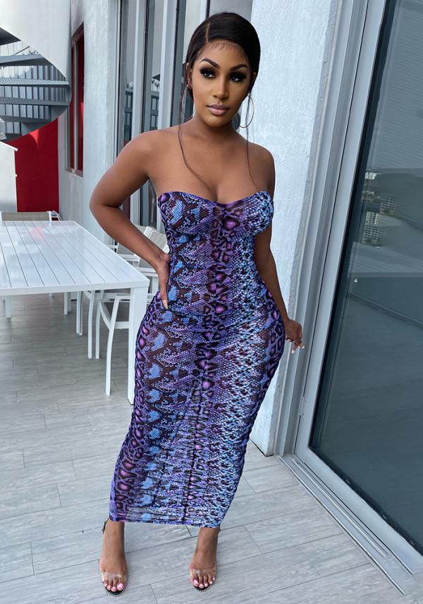 Party Sexy Snake Skin Strapless Long Curvy Dress