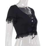 Summer Sexy Lace Up Ribbed Crop Top with Ruffle Trim
