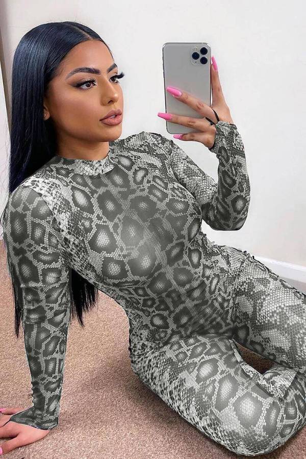 Party Sexy Snake Skin Long Sleeve Bodycon Jumpsuit