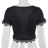 Summer Sexy Lace Up Ribbed Crop Top with Ruffle Trim