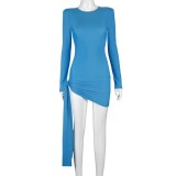 Party Blue Long Sleeve Knotted Irregular Mini Dress