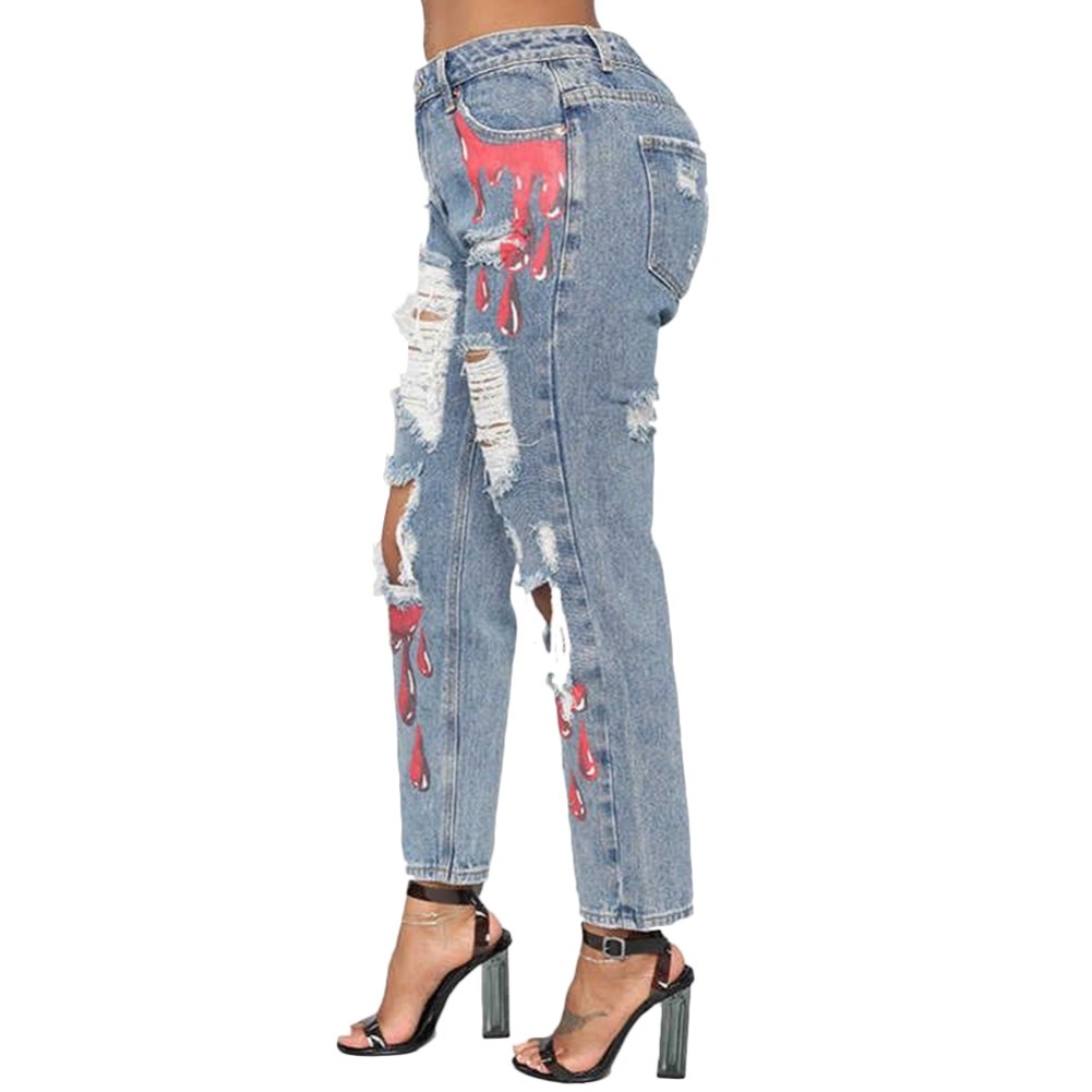Wholesale Stylish Blue Print Ripped Damage Jeans | Global Lover